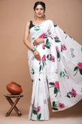 Pink & White Floral Motif Block Print Mul Cotton Saree With Blouse Piece
