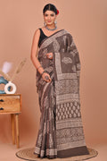 Brown & Off-White Paisley & Geometric Motifs Bagru Hand Block Printed Mul Cotton Saree With Blouse Piece
