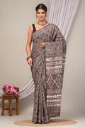 Brown & Off-White Geometric Dabu Hand Block Printed Mul Cotton Saree With Blouse Piece