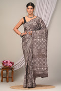 Brown & Off-White Floral Motifs Dabu Hand Block Printed Mul Cotton Saree With Blouse Piece
