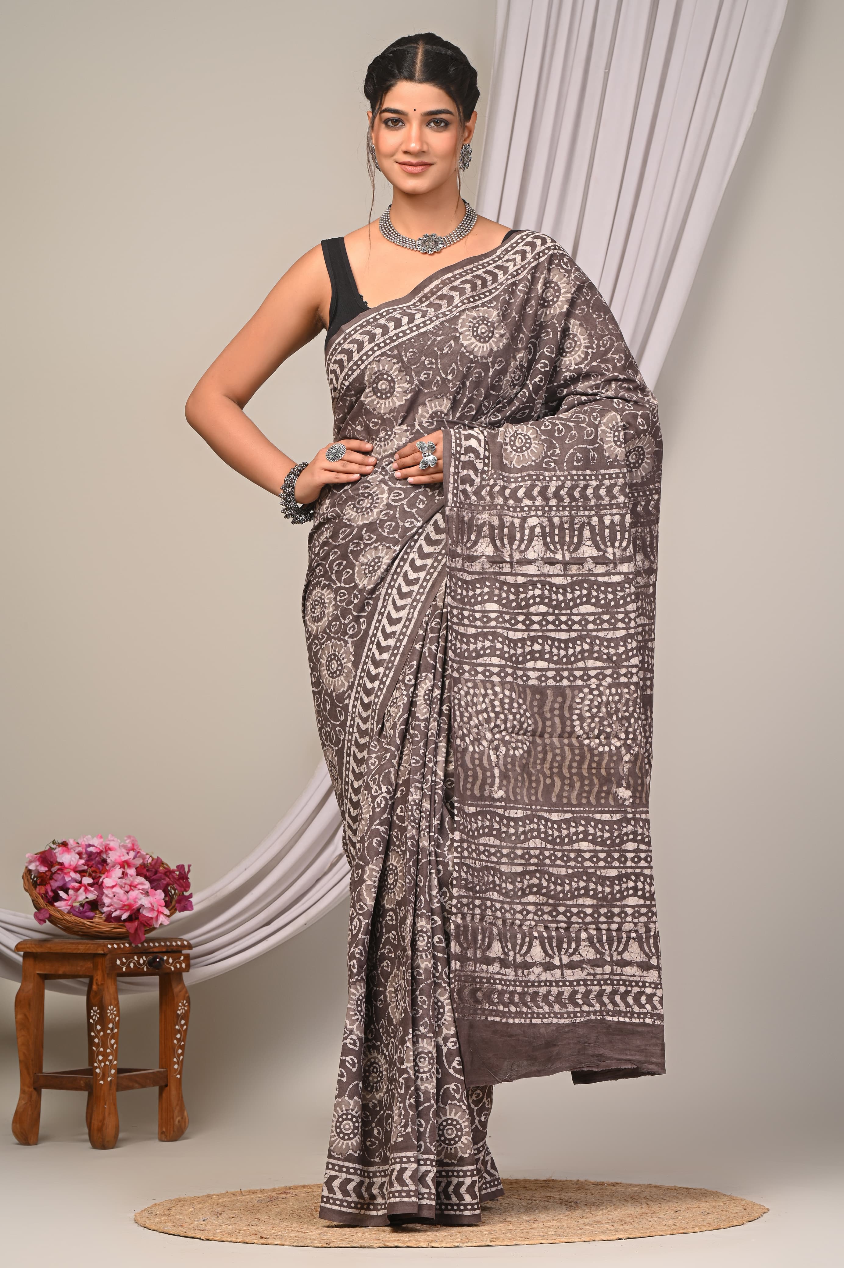Dabu Hand Block Printed Cotton Saree With Blouse Piece - BFSGC54