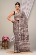 Brown & Off-White Floral Jaal Dabu Hand Block Printed Mul Cotton Saree With Blouse Piece