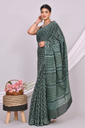 Olive Green & Off-White Buti Print Bagru Hand Block Printed Mul Cotton Saree With Blouse Piece