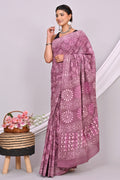Mauve & Pink Floral Motifs Dabu Hand Block Printed Mul Cotton Saree With Blouse Piece