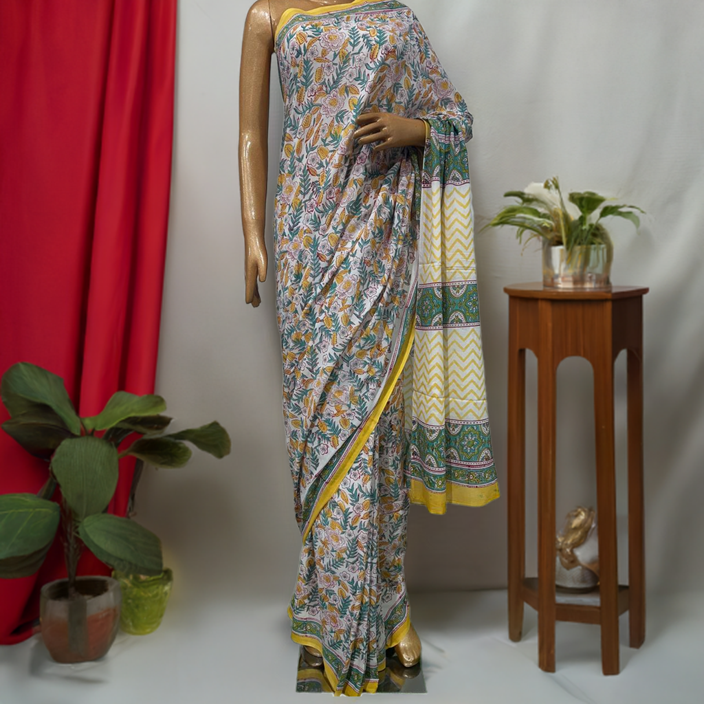 Bagru Cotton Hand Block Printed Saree With Blouse Piece - BFSGC77