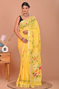 Yellow & Green Floral Hand Brush Painted Linen Cotton Saree With Blouse Piece