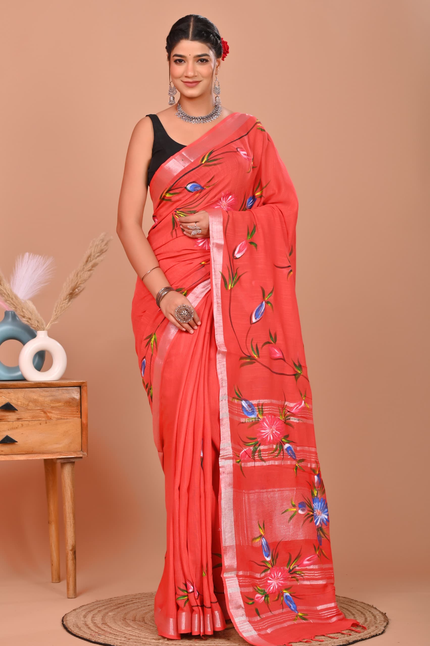 Painted via Hand Brush Linen Cotton Saree With Blouse Piece - BFSGLC72