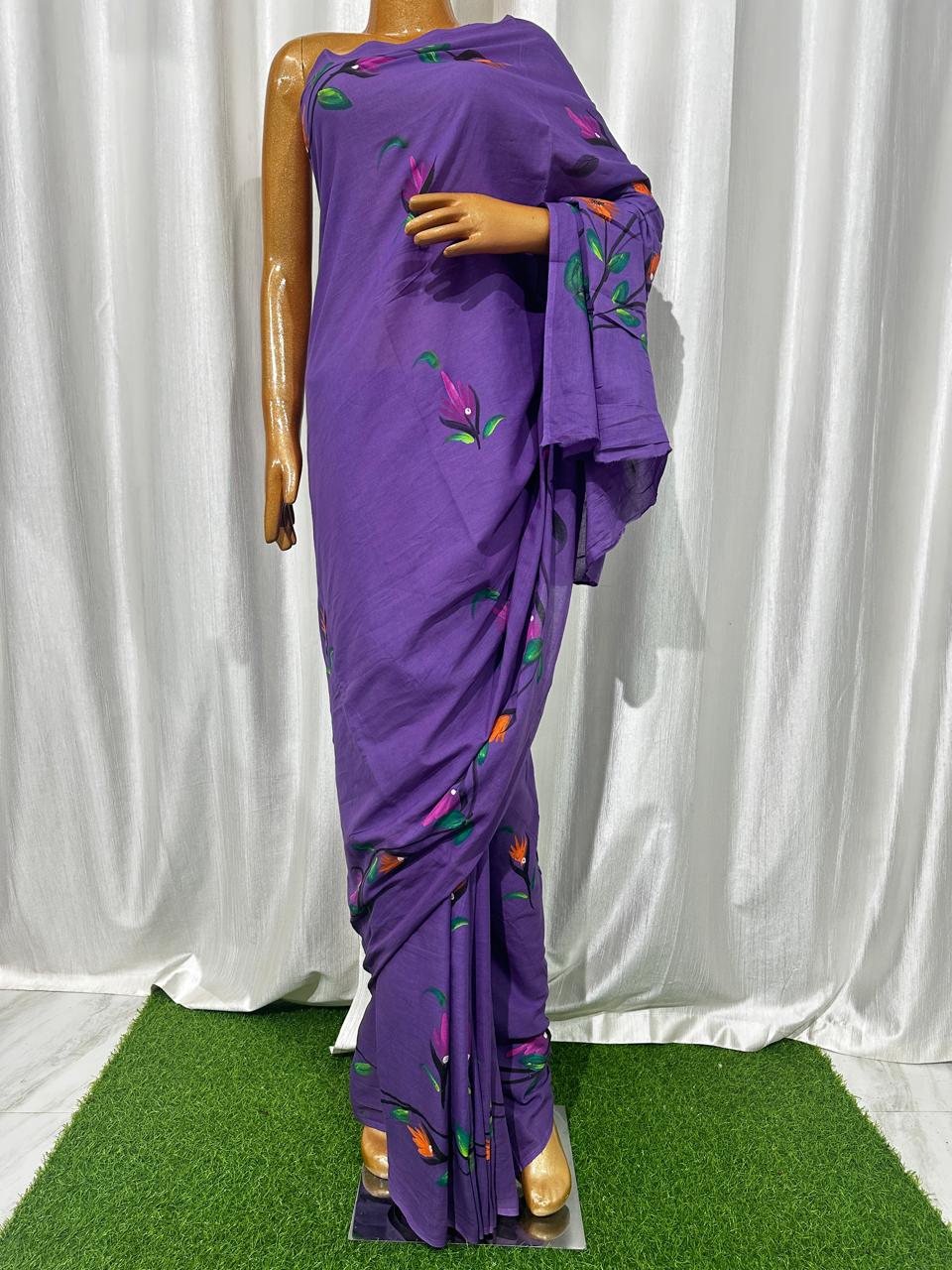 Painted via Hand Brush Cotton Saree With Blouse Piece - BFSGC91