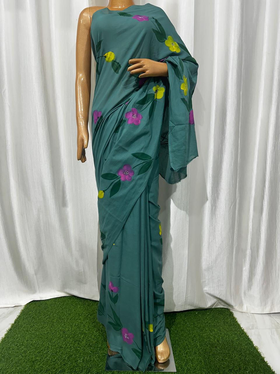 Painted via Hand Brush Cotton Saree With Blouse Piece - BFSGC94