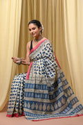 Blue & Off-White Elephant Motif Bagru Hand Block Print Mul Cotton Saree With Blouse Piece
