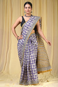 Purple & White Floral Paisleys Bagru Hand Block Print Mul Cotton Saree With Blouse Piece