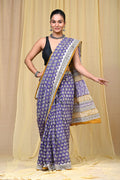 Purple & White Floral Buti Bagru Hand Block Print Mul Cotton Saree With Blouse Piece