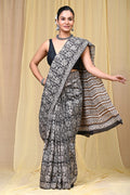 Black & White Floral Bagru Hand Block Print Mul Cotton Saree With Blouse Piece