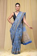 Blue & Beige Floral Bagru Hand Block Print Mul Cotton Saree With Blouse Piece