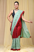 Green & Maroon Floral Motifs Bagru Hand Block Print Mul Cotton Saree With Blouse Piece
