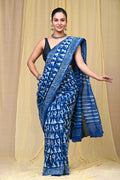 Blue & Off-White Ikat Pattern Bagru Hand Block Print Mul Cotton Saree With Blouse Piece