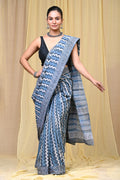 Blue & Off-White Geometric Zigzag Bagru Hand Block Print Mul Cotton Saree With Blouse Piece