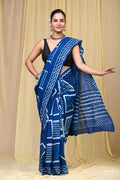Blue & White Geometric Chevron Bagru Hand Block Print Mul Cotton Saree With Blouse Piece