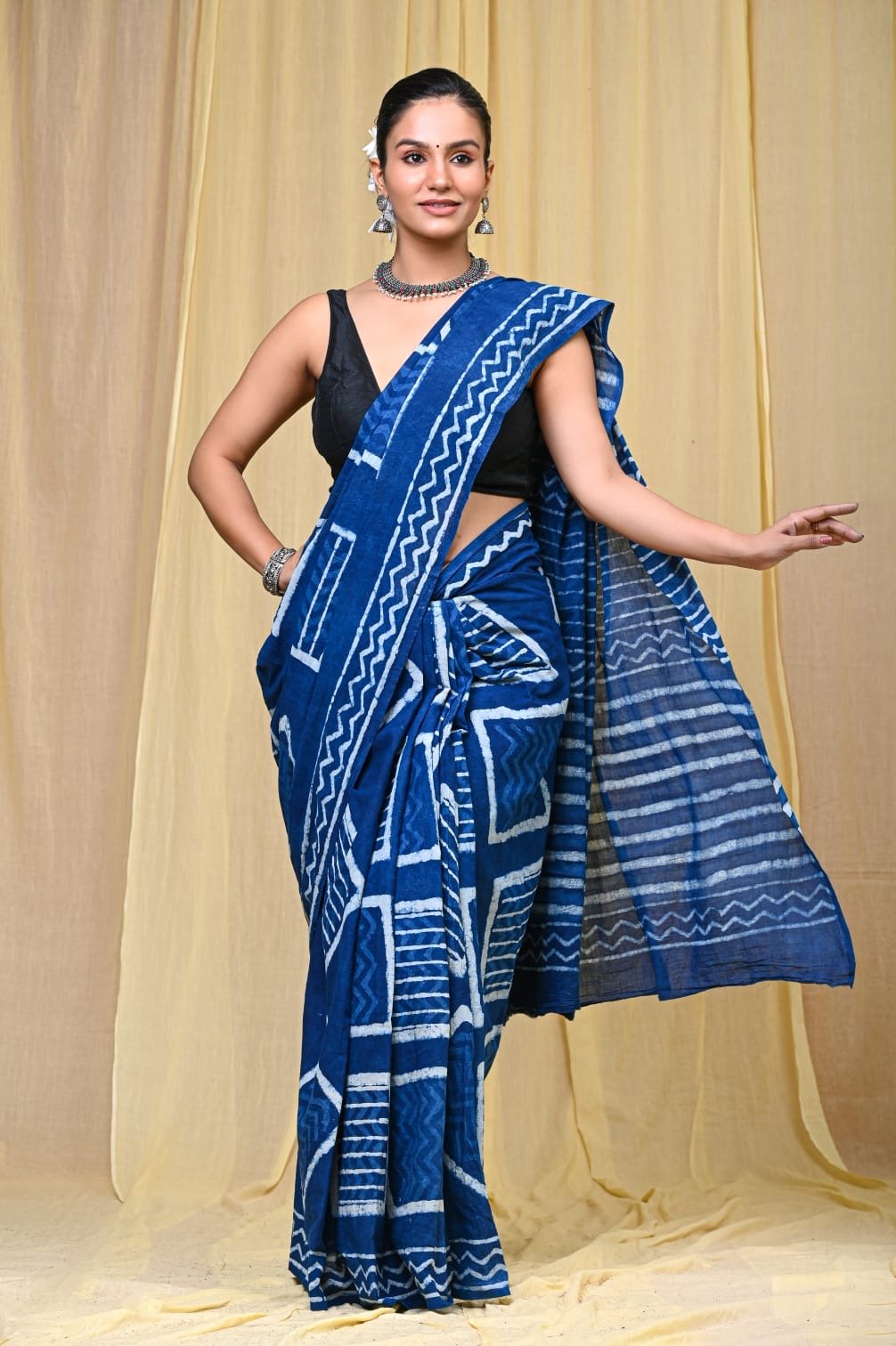 Blue Mul Cotton saree with geometric hand block print and bold border