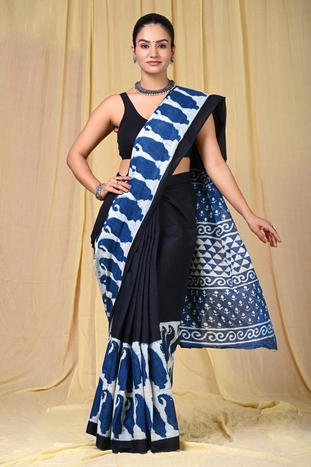 Navy blue saree with geometric and wave patterns, Bagru hand block print