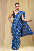 Blue & Off-White Floral & Animal Motifs Bagru Hand Block Print Mul Cotton Saree With Blouse Piece