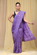 Purple & Lavender Geometric Bagru Hand Block Print Mul Cotton Saree With Blouse Piece