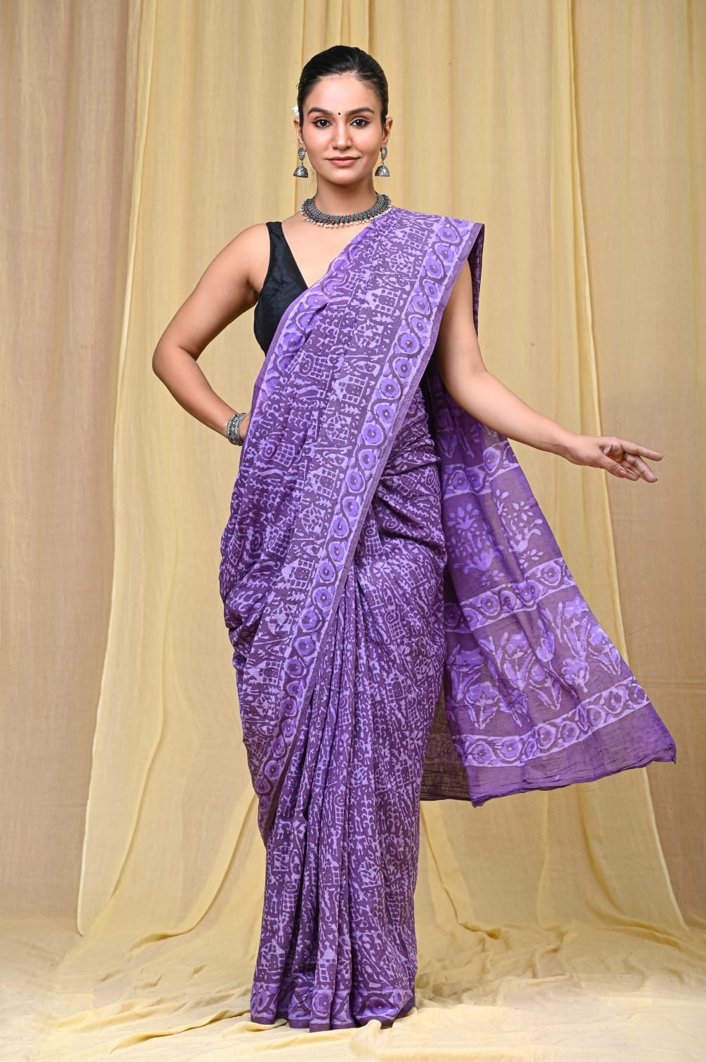 Purple saree with geometric pattern, traditional Bagru hand block print