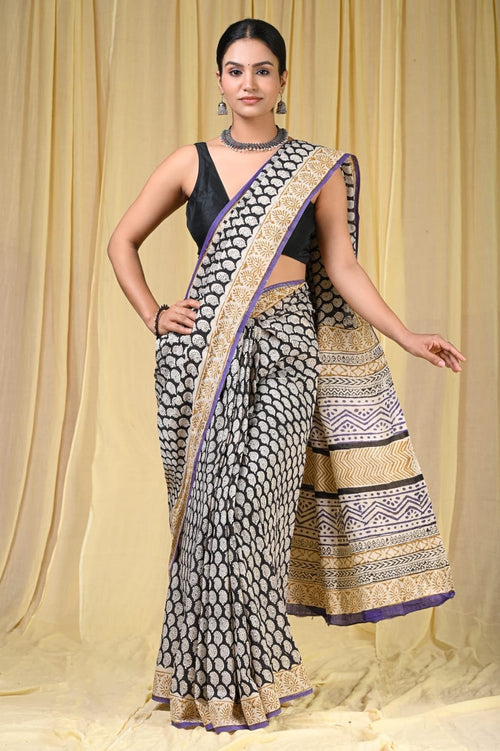 Black & Gold Geometric Bagru Hand Block Print Mul Cotton Saree With Blouse Piece