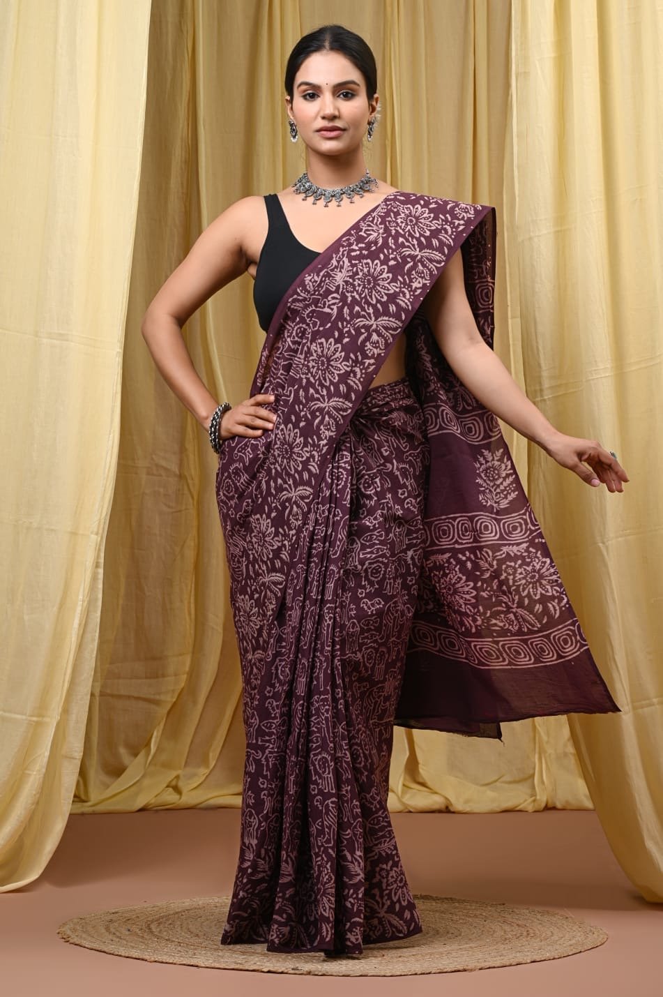 Plum floral motif Bagru hand block print saree with intricate border