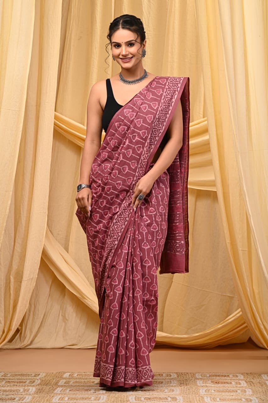 Burgundy saree with geometric patterns in traditional Bagru hand block print