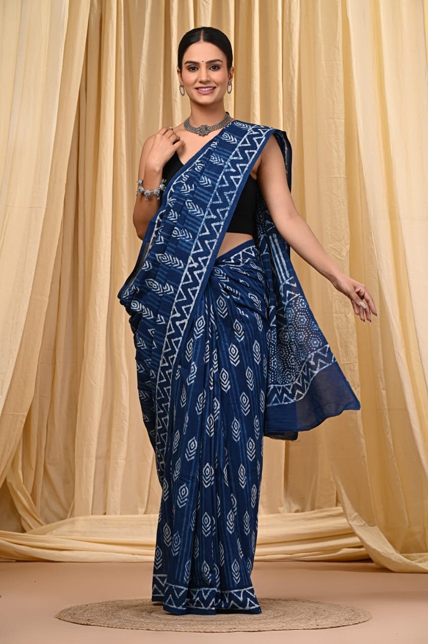 Indigo saree with geometric and leafy Bagru hand block print patterns