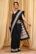 Black & Off-White Geometric Bagru Hand Block Print Mul Cotton Saree With Blouse Piece