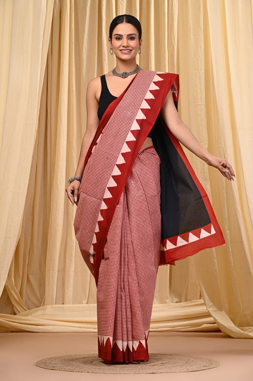 Red and white geometric pattern Bagru Mul Cotton saree with a striking border design