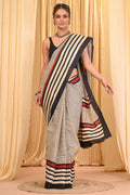 Black & Cream Striped Bagru Hand Block Print Mul Cotton Saree With Blouse Piece
