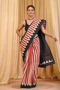 Red & Black Stripe & Zigzag Bagru Hand Block Print Mul Cotton Saree With Blouse Piece