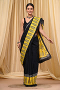 Black & Yellow Leaf Motif Bagru Hand Block Print Mul Cotton Saree With Blouse Piece