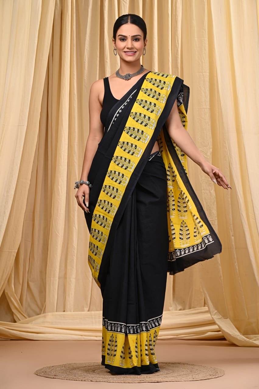 Black and yellow saree with leaf motif Bagru hand block print