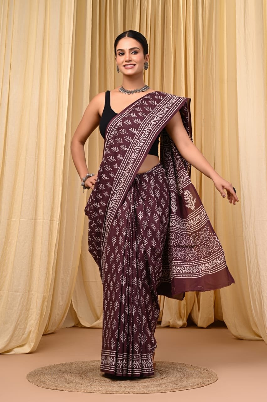 Maroon saree with floral motifs and intricate border design