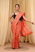 Rust & Off-White Floral Motifs Bagru Hand Block Print Mul Cotton Saree With Blouse Piece