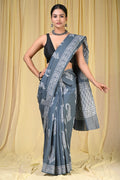 Slate Blue & White Floral Jaal Bagru Hand Block Print Mul Cotton Saree With Blouse Piece