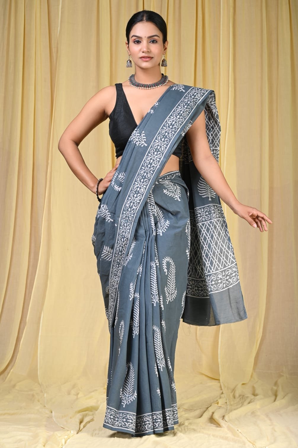 Blue saree with white jaal Bagru hand block print and detailed border