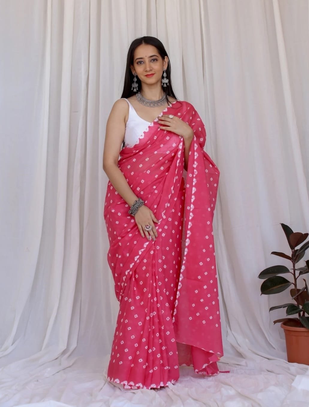 Pink saree with white geometric motifs, Bagru hand block print