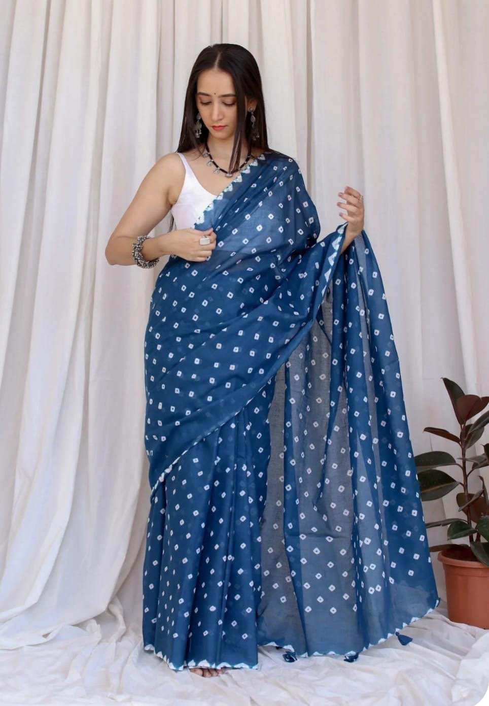 Indigo saree with geometric motif, hand block print design