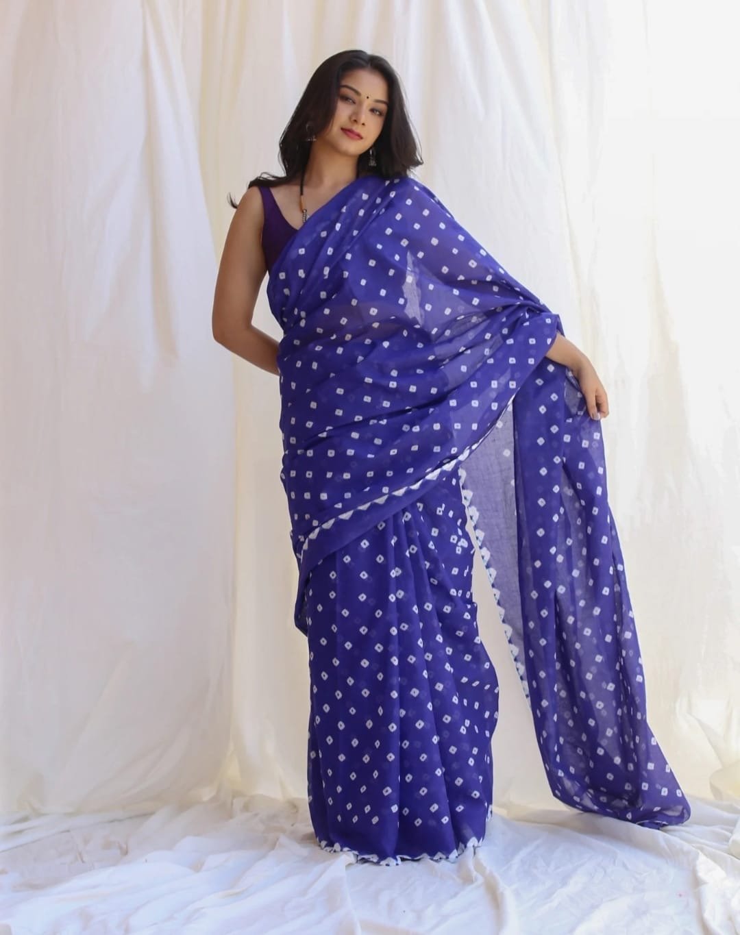 Royal blue saree with white geometric motifs, Bagru hand block print