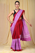 Red & Purple Floral Bagru Hand Block Print Mul Cotton Saree With Blouse Piece