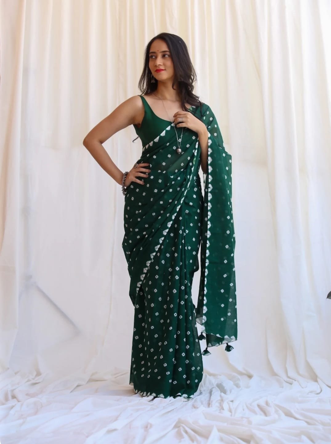 Green saree with white geometric motifs, Bagru hand block print