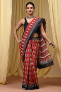 Red & Black Floral Motifs Bagru Hand Block Print Mul Cotton Saree With Blouse Piece