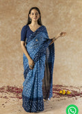 Indigo Blue & White Tie-Dye Shibori Bagru Hand Block Print Mul Cotton Saree With Blouse Piece