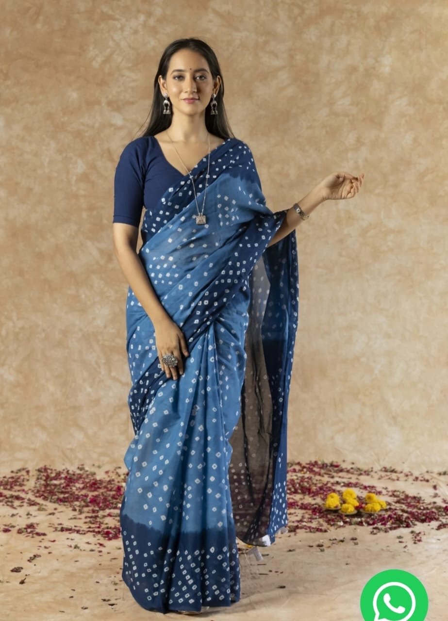Blue saree with white geometric motifs and hand block print design