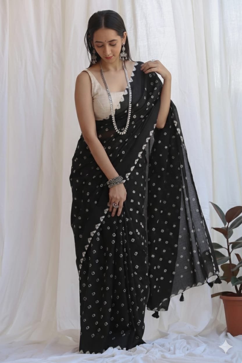 Black saree with white geometric motifs and a traditional Bagru pattern